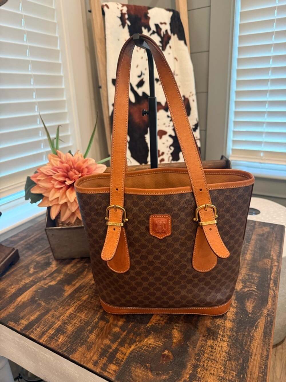 Celine Authentic Macadam Bucket with Tan Leather Trim DM96